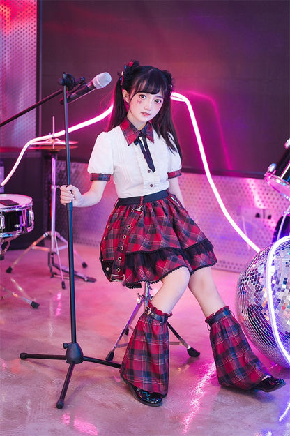 赤いチェック柄バックルストラップ太もも丈アイドルロリータスカート