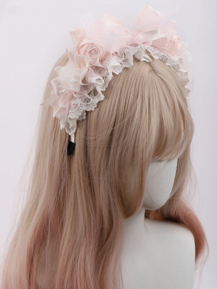White Lace with Lolita Accents Feather Rose Sweet Pink and KC