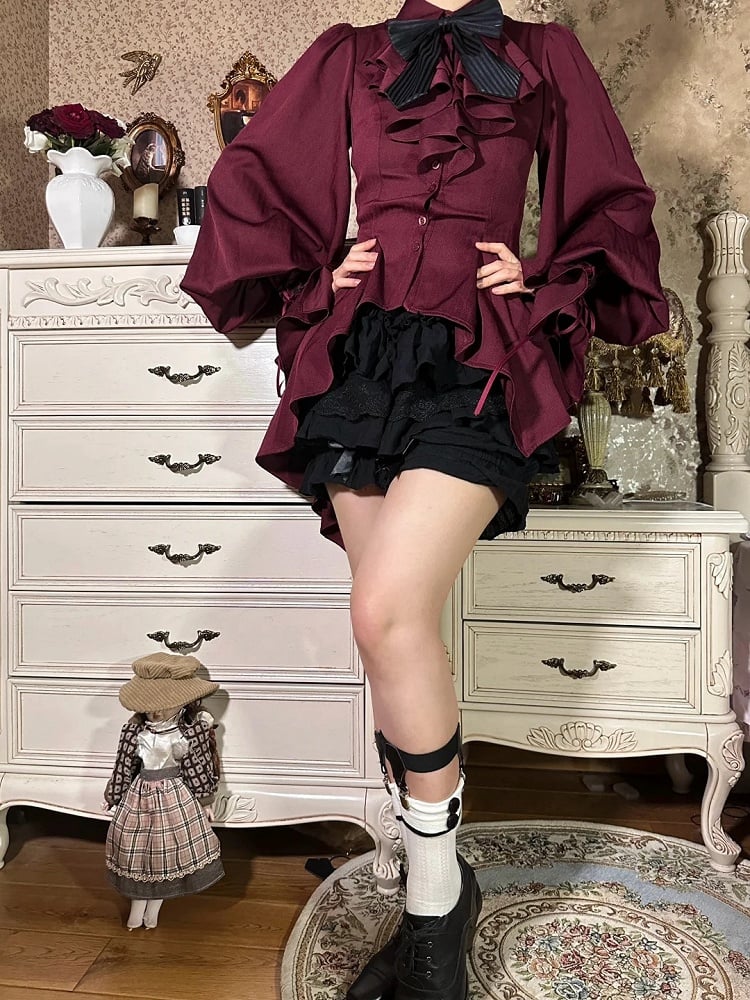 Red Gothic Ouji Lolita Irregular Flounce Hemline Pointed Collar Long-Sleeve Shirt