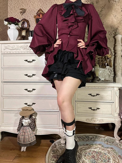 Red Gothic Ouji Lolita Irregular Flounce Hemline Pointed Collar Long Sleeves Shirt