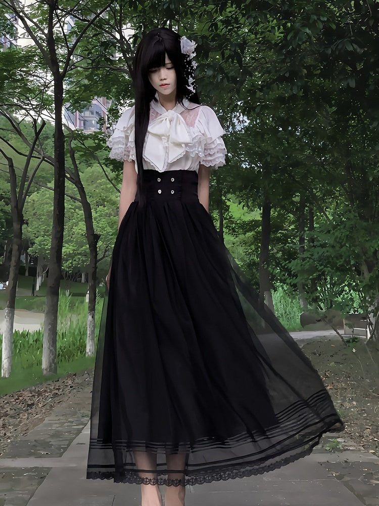 Seiso-kei White Lace Trim Short Sleeve Top with Bow Accents, Plus Size - AbyssThread