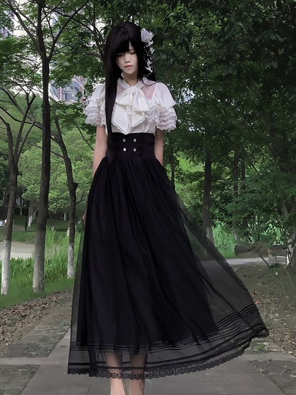 Seiso-kei White Lace Trim Short Sleeve Top with Bow Accents, Plus Size - AbyssThread