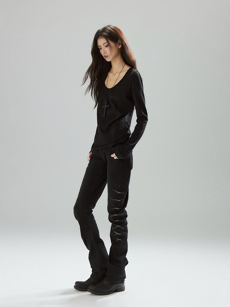Black Denim Jeans with Stacked Pleats and Zipper Design - Low pixel
