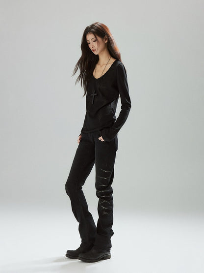 Black Denim Jeans with Stacked Pleats and Zipper Design - Low pixel
