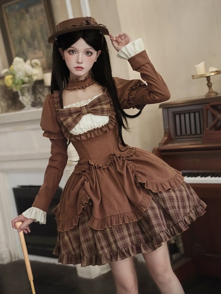 Herbsthut Schleifen + Lollita OP Elegantes Choker Set Version Kurz Kaffee Abnehmbar -