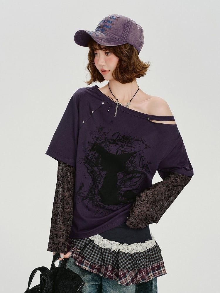 Black Purple Asymmetrical Faux Two Piece Cat Print Top - Girlyhalo