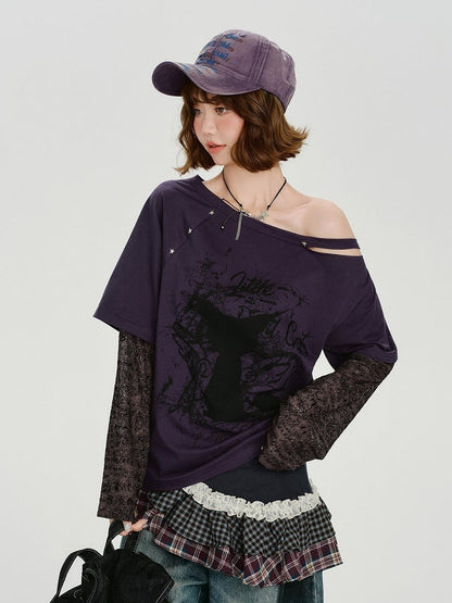 Black Purple Asymmetrical Faux Two Piece Cat Print Top - Girlyhalo