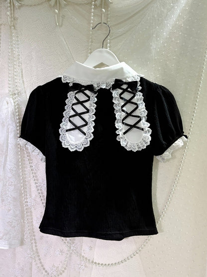 Bunny Ear Puff Sleeve Top with Lace & Bows, Black & White Maid Style - kukuwa