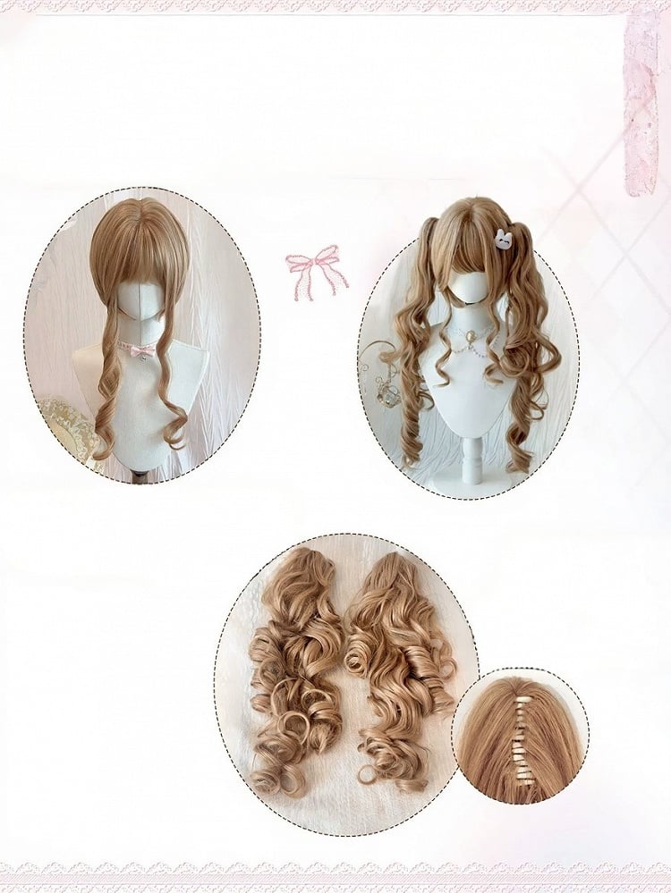 Linen Brown Wig with Bangs and Long Wavy Twin Tails Clip - Meow Island Wig