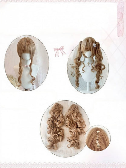 Linen Brown Wig with Bangs and Long Wavy Twin Tails Clip - Meow Island Wig