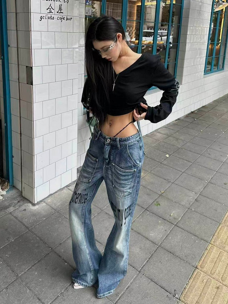 Washed Blue Flared Denim Jeans with Rivet Letter Prints - DETW OnLine