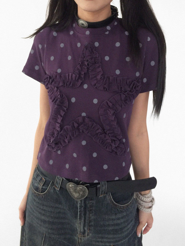 Purple Polka Dot Round Neck Short Sleeve T-Shirt with Star Ruffle Decoration - innomoood