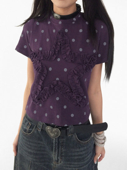 Purple Polka Dot Round Neck Short Sleeve T-Shirt with Star Ruffle Decoration - innomoood