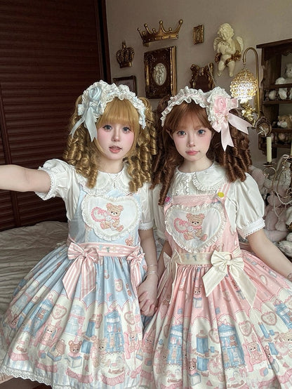 Kleid mit Lolita-Print, Teddy-Spielzeug, rosa Plüsch-Overall und süßem Häschen