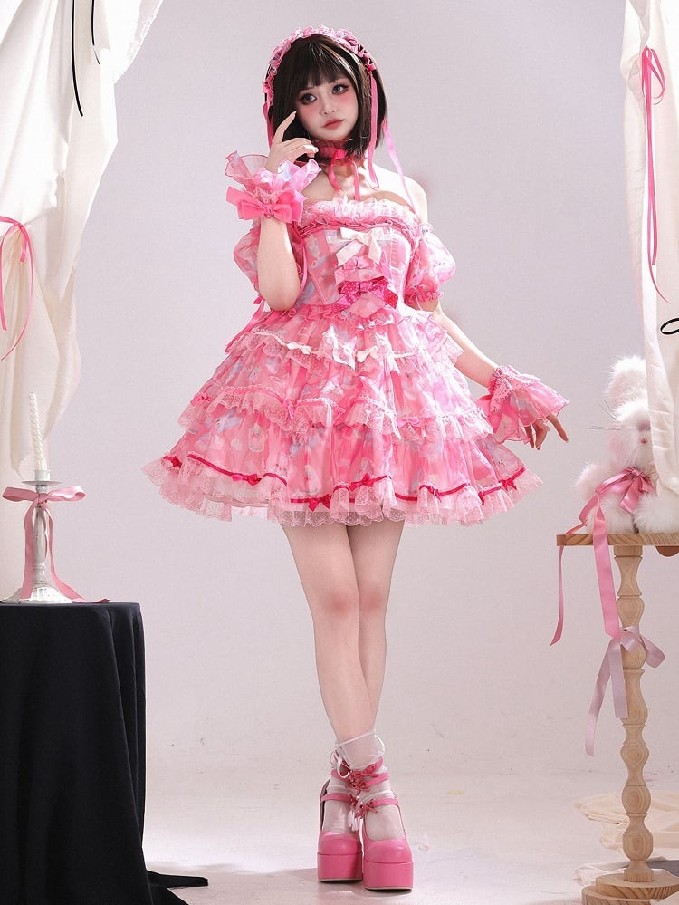 Cute Bunny Satin Bows with Tiered Skirt Pink Boning Dress