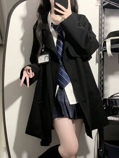 Taille JK Mantel Gürtel Uniform Graben Schwarz/Khaki Mit