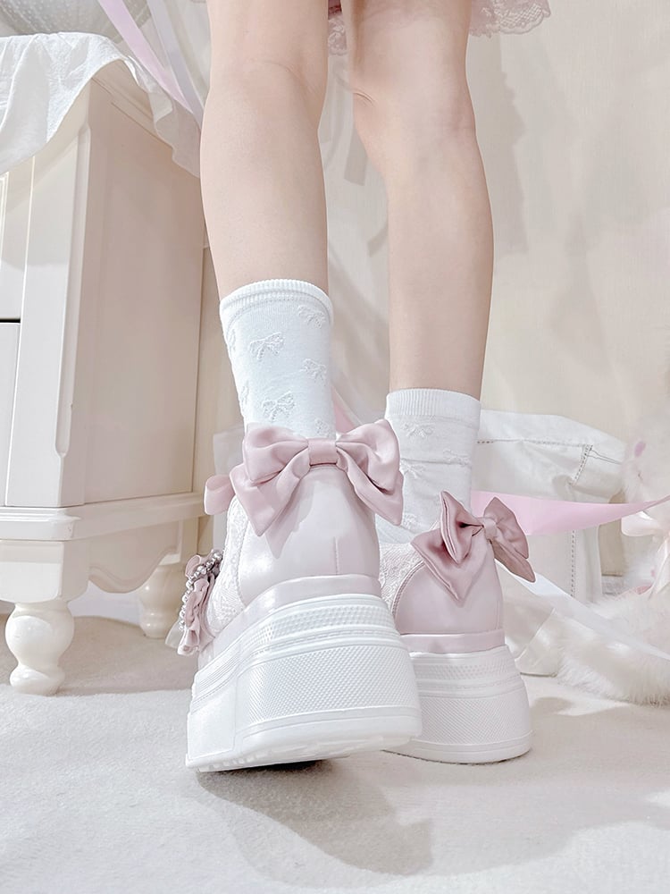 Platforms Kei Design Bow Pink Jirai Beaded Buckle Shoes Accents