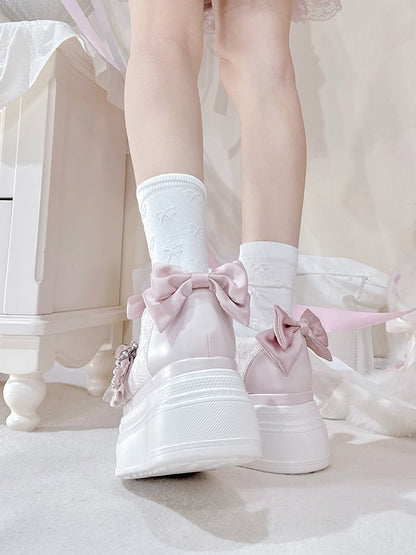 Platforms Kei Design Bow Pink Jirai Beaded Buckle Shoes Accents