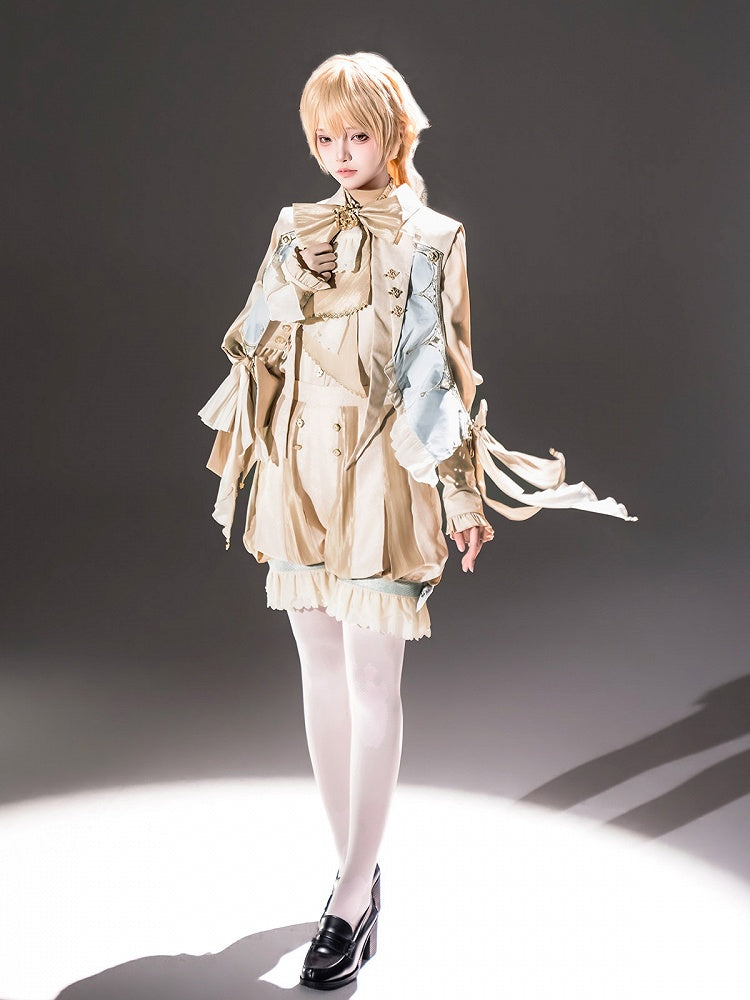 Bishop Sleeve Ouji Shirt and Striped Shorts Set with Angel Wing Collar - Unknown Star