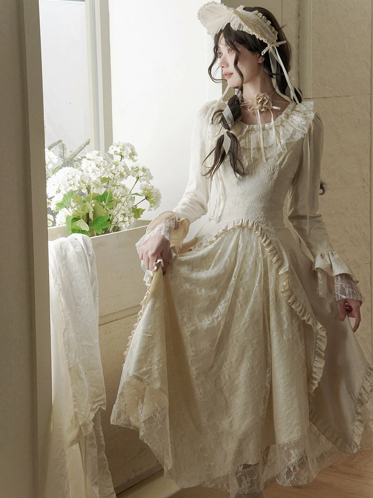 Lolita Dress with Rose Fabric, Lace Panels and Asymmetric Skirt in Beige