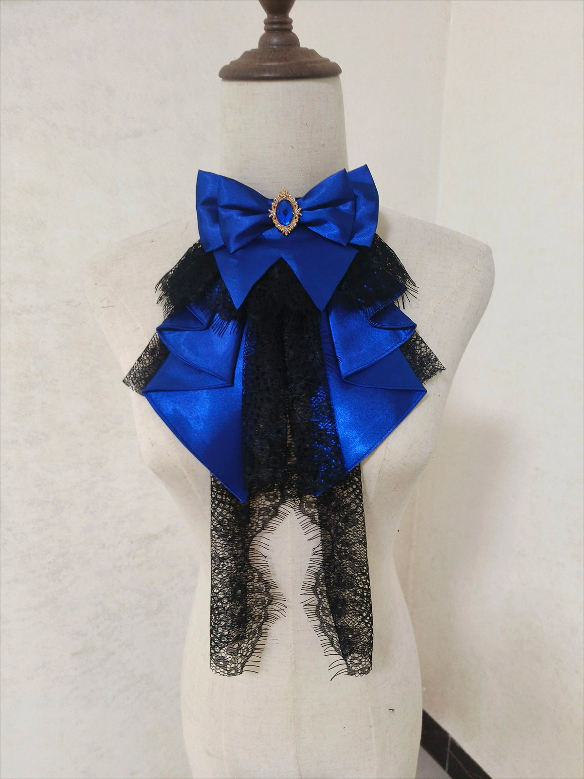 Royal Blue bow neck accessory with black lace layers
