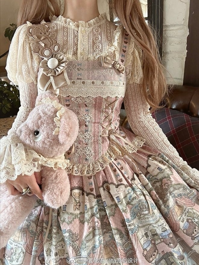 Sweet with Corset Neckline Lacing Printed Bear Square Lolita Dress Pink