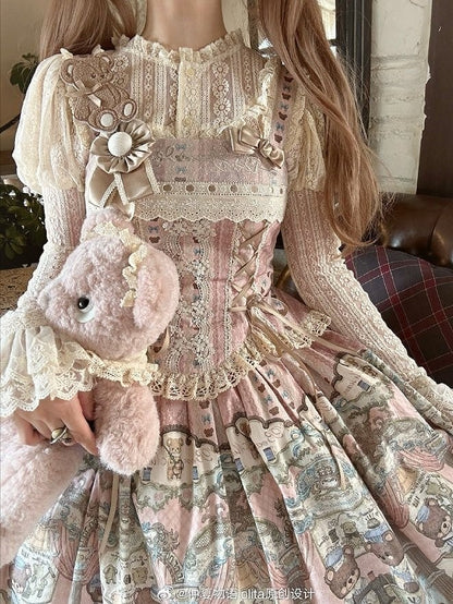 Sweet with Corset Neckline Lacing Printed Bear Square Lolita Dress Pink