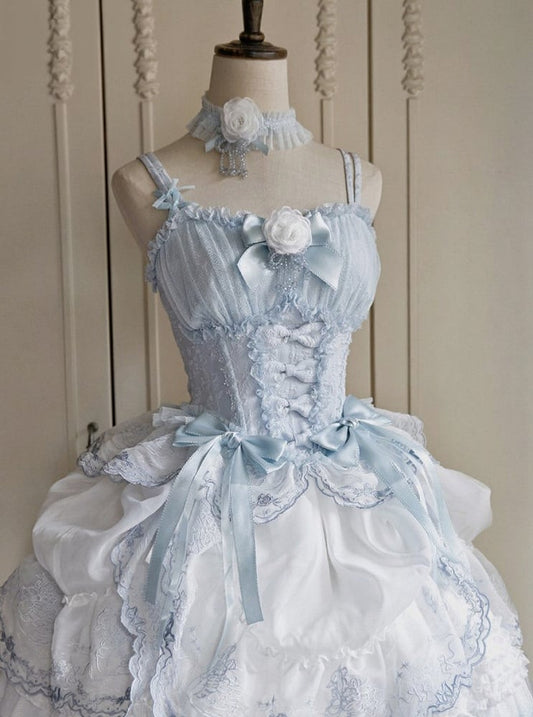 Rose Elegant Classic Top Corset and Lolita Lace Blue Accents with Bow Trim Boned