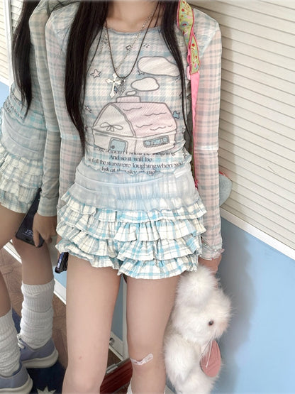 Tiered Ruffles Skort House Print Faux Two-Pieces Top/Modal Blue Plaid Pattern