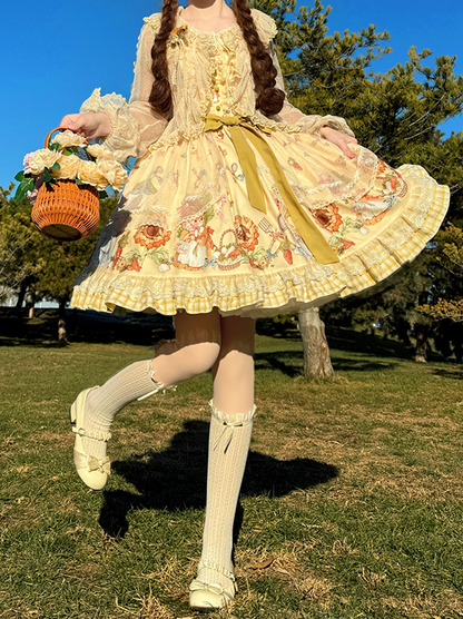 Lolita Overlay Sweet Plaid Bunny Print with and Yellow Dress JSK Sunflower Hem