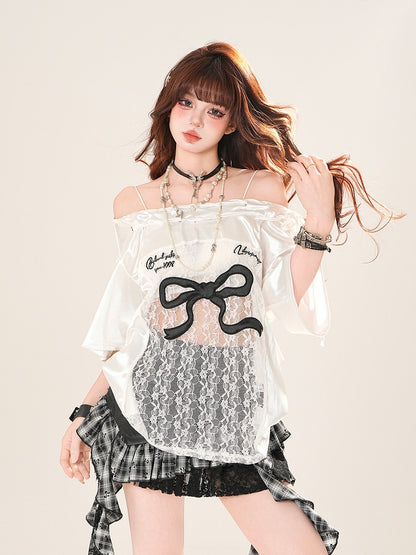 Schwarz/Weiß Große Off-the-shoulder T-shirt Spitze Schleife Patches Druck Taille