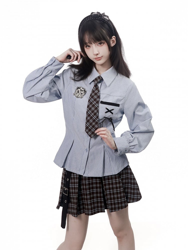 Preppy Kawaii Blue Striped Long Sleeve Shirt with Badge Lace-Up Decor - PINK SAVIOR