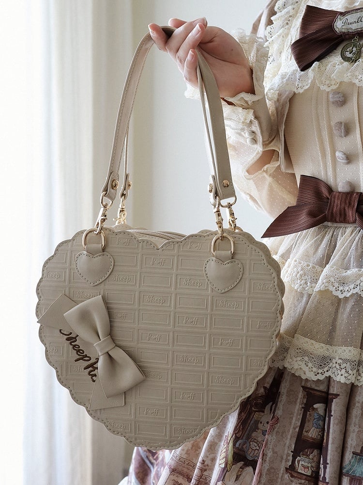 Chocolate Bag Lolita Motif Ash Gray Bow Heart-shaped in Sweet 3-Way Accents PU