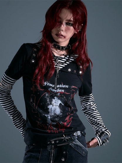 Pattern Black - Long Striped Rock Sleeve Punk Two-piece Top