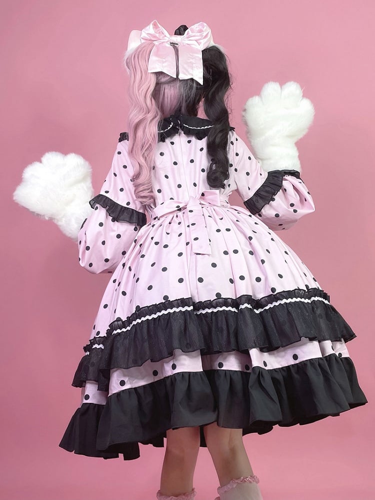 Lolita Dot Cute Long with Black Ruffle Sleeve Polka Dress Pink Details OP