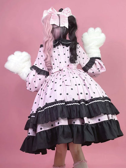 Lolita Dot Cute Long with Black Ruffle Sleeve Polka Dress Pink Details OP
