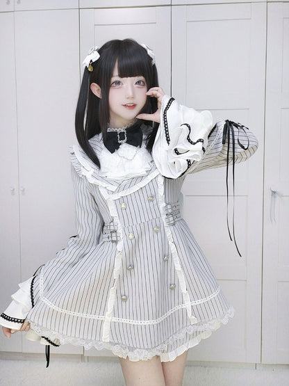Matching Flounced Grey and Fashion Shorts Dress Flare Sweet with Jabot Sleeves Jirai set Kei