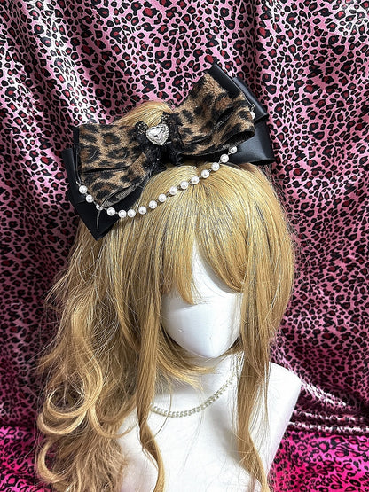 Gyaru Decor with Print Bow Leopard 4 Lace Pearl Hairclips Chain Rhinestone Colors