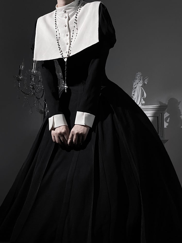 Lolita Nun Waist and Juliette Slim Maxi Sleeves Black Dress White