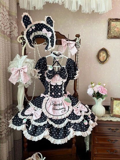Themed Sweet with Details Lace Dress Lolita Bow Pink Polka and Dot Black OP Strawberry