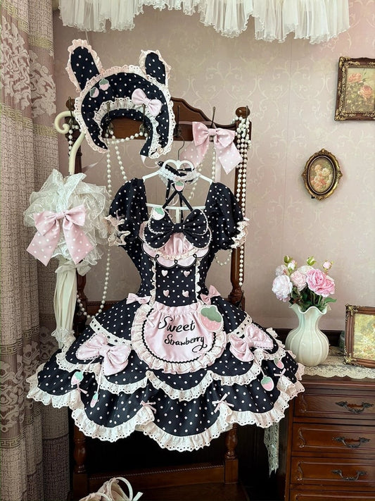 Themed Sweet with Details Lace Dress Lolita Bow Pink Polka and Dot Black OP Strawberry