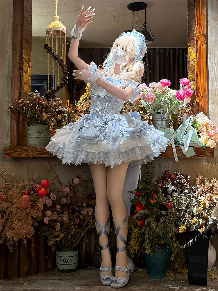Princess Balletcore Bead Corset Bow Skirt Chains Lolita Jumper Blue Elegant and with Accents