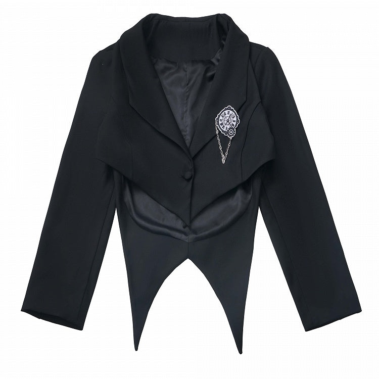 取り外し可能なバタフライクロックブローチ付きブレザー ブラック クロップド カーブヘム プレッピー