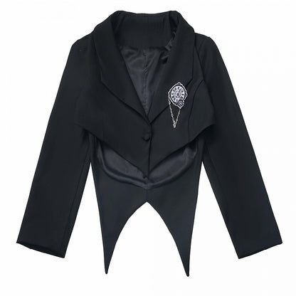 取り外し可能なバタフライクロックブローチ付きブレザー ブラック クロップド カーブヘム プレッピー