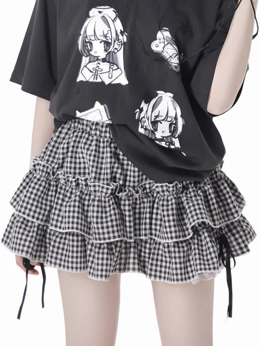 ブラック/チェック柄 ゴムウエスト ティアードスカート 裏地付き ブルマー