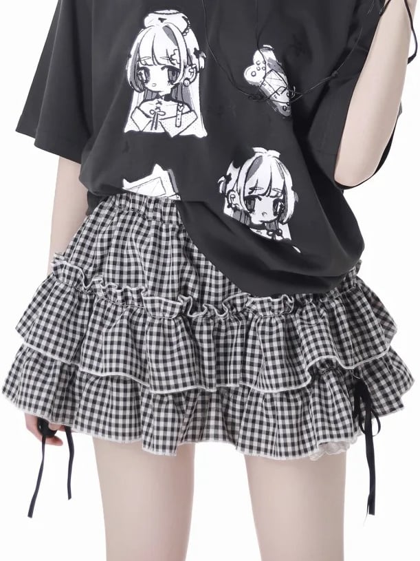 Schwarz/Karierte Pumphose, elastischer Bund, gestuftes Rockfutter