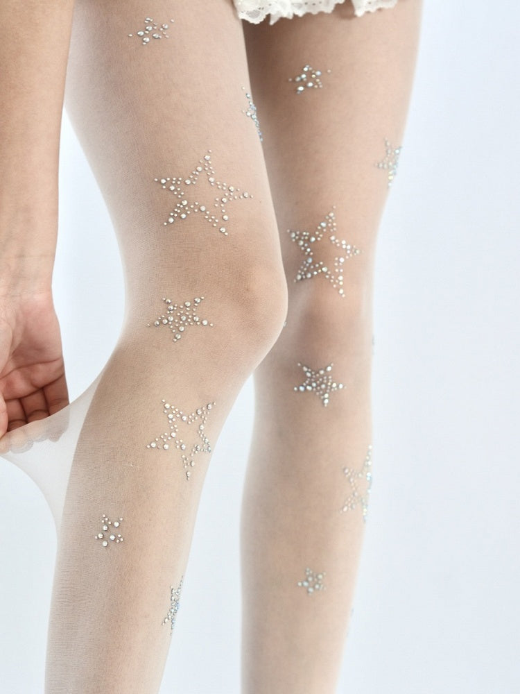 White/Black Star Rhinestone Sheer Tights