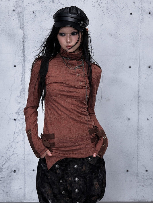 Jacquard Top with Brick Buckle Mock Accents Red Hem Neck Asymmetrical