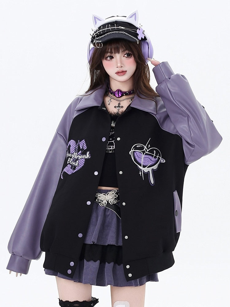 Sleeve Straps Baseball Buckle Embroidery Heart Jacket Purple with Graffiti Black PU
