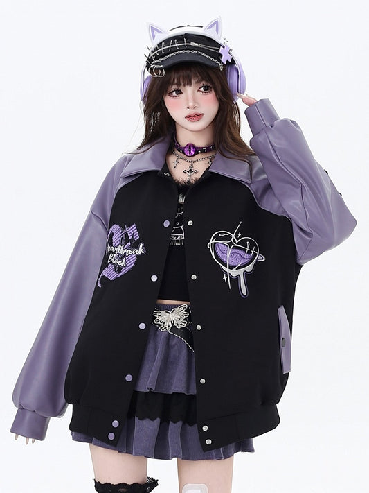Sleeve Straps Baseball Buckle Embroidery Heart Jacket Purple with Graffiti Black PU